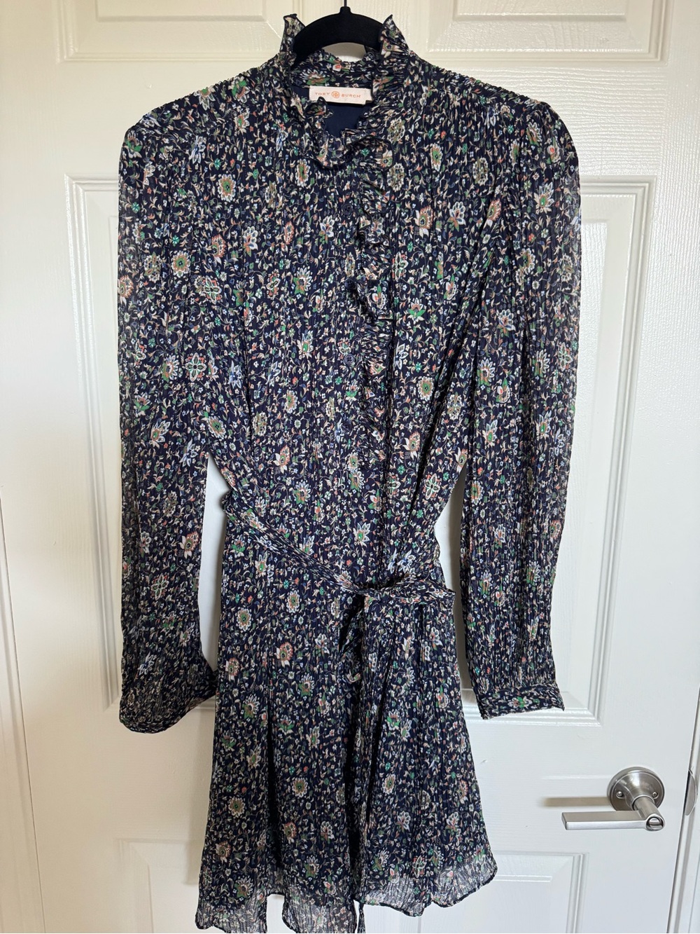 Tory Burch Navy Floral Long-Sleeve Ruffle Tie-Waist Dress
